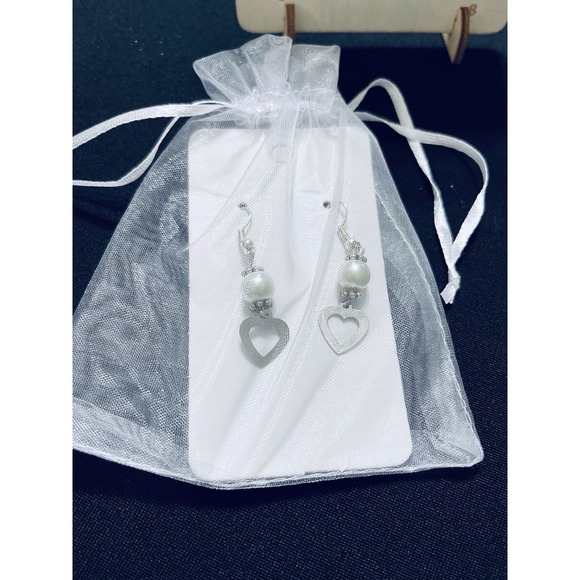 Earrings Heart Silver Tone White Bead Drop Hook Handmade Cottage Love Boho Chic - Picture 11 of 11